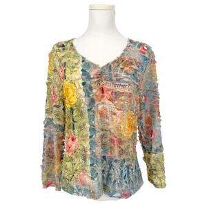Vintage Y2K Cubism Pastel Floral Crinkle Fitted V-Neck Top Women's XL EURO
